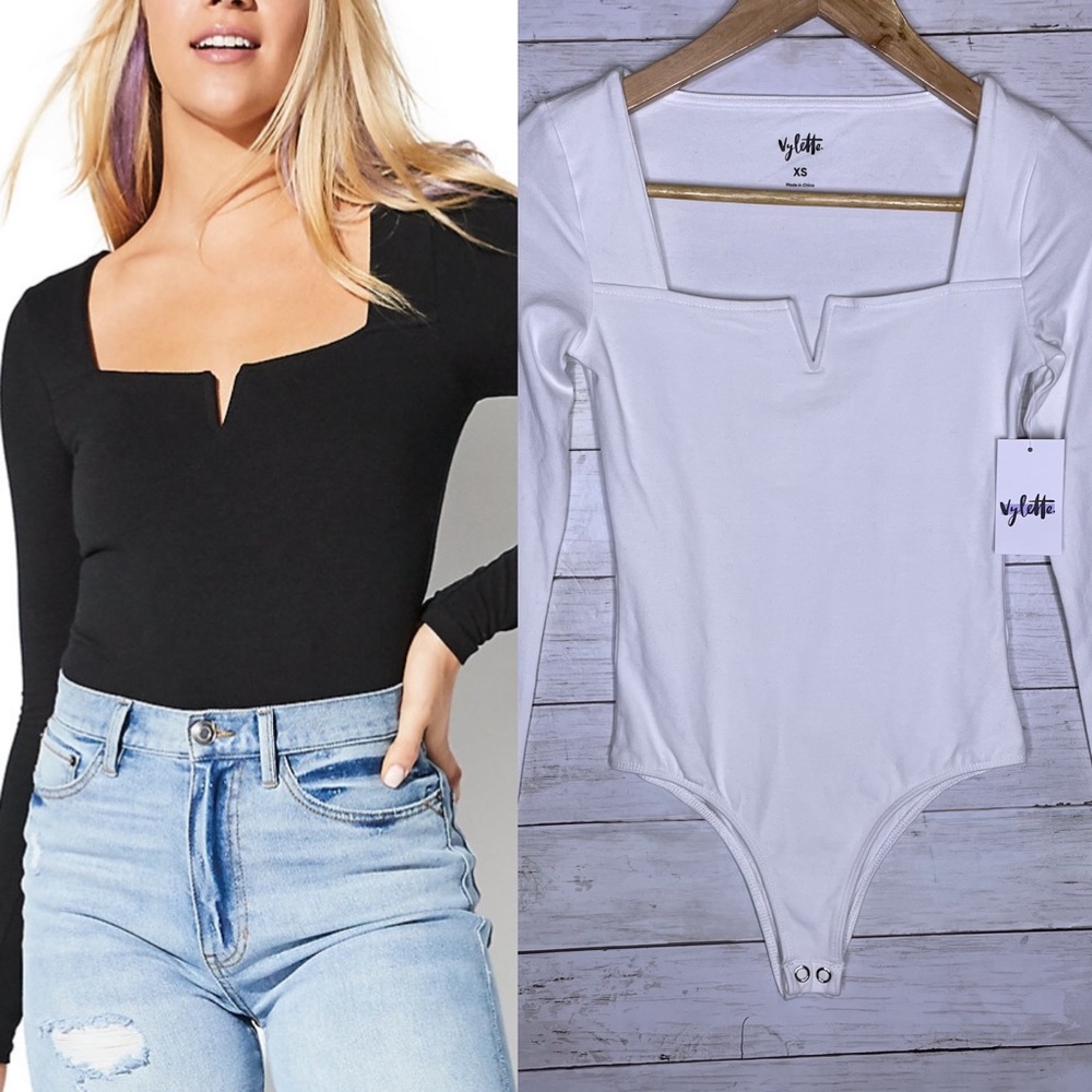Vylette V Notched Front Knit Long Sleeve Bodysuit White